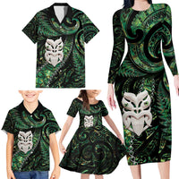 New Zealand Aotearoa Family Matching Long Sleeve Bodycon Dress and Hawaiian Shirt Maori Wheku Paua Shell Glitter Green LT05 - Polynesian Pride