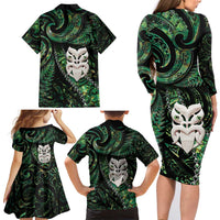 New Zealand Aotearoa Family Matching Long Sleeve Bodycon Dress and Hawaiian Shirt Maori Wheku Paua Shell Glitter Green LT05 - Polynesian Pride