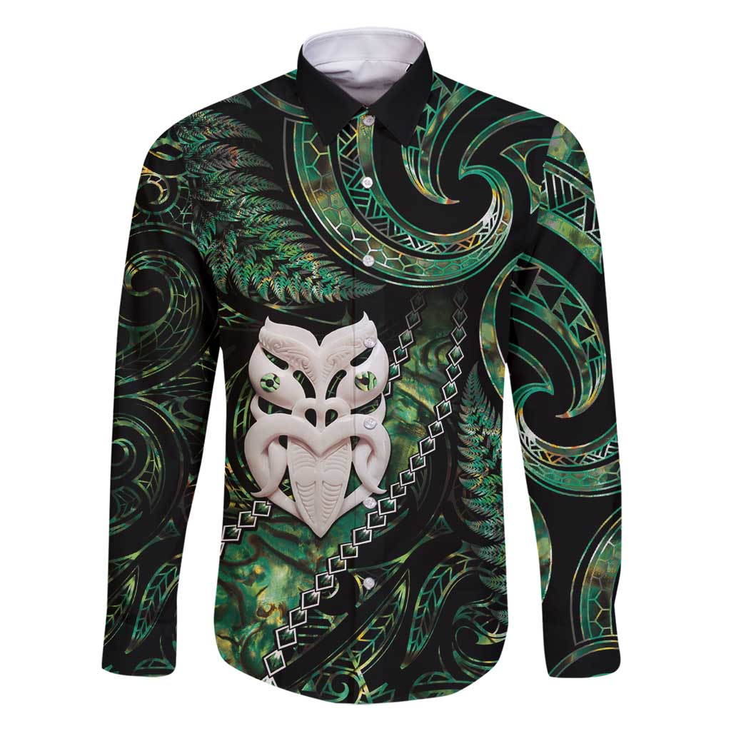 New Zealand Aotearoa Family Matching Long Sleeve Bodycon Dress and Hawaiian Shirt Maori Wheku Paua Shell Glitter Green LT05 Dad's Shirt - Long Sleeve Green - Polynesian Pride