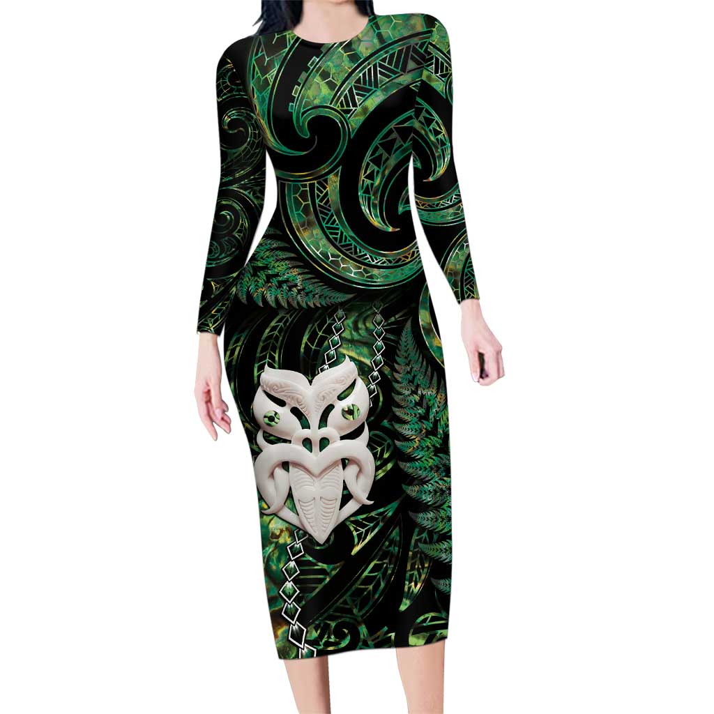 New Zealand Aotearoa Family Matching Long Sleeve Bodycon Dress and Hawaiian Shirt Maori Wheku Paua Shell Glitter Green LT05 Mom's Dress Green - Polynesian Pride