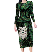 New Zealand Aotearoa Family Matching Long Sleeve Bodycon Dress and Hawaiian Shirt Maori Wheku Paua Shell Glitter Green LT05 Mom's Dress Green - Polynesian Pride