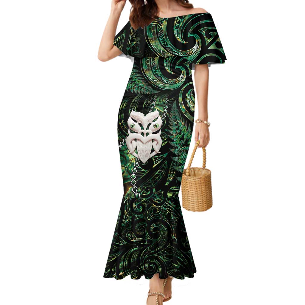 New Zealand Aotearoa Family Matching Mermaid Dress and Hawaiian Shirt Maori Wheku Paua Shell Glitter Green LT05 Mom's Dress Green - Polynesian Pride