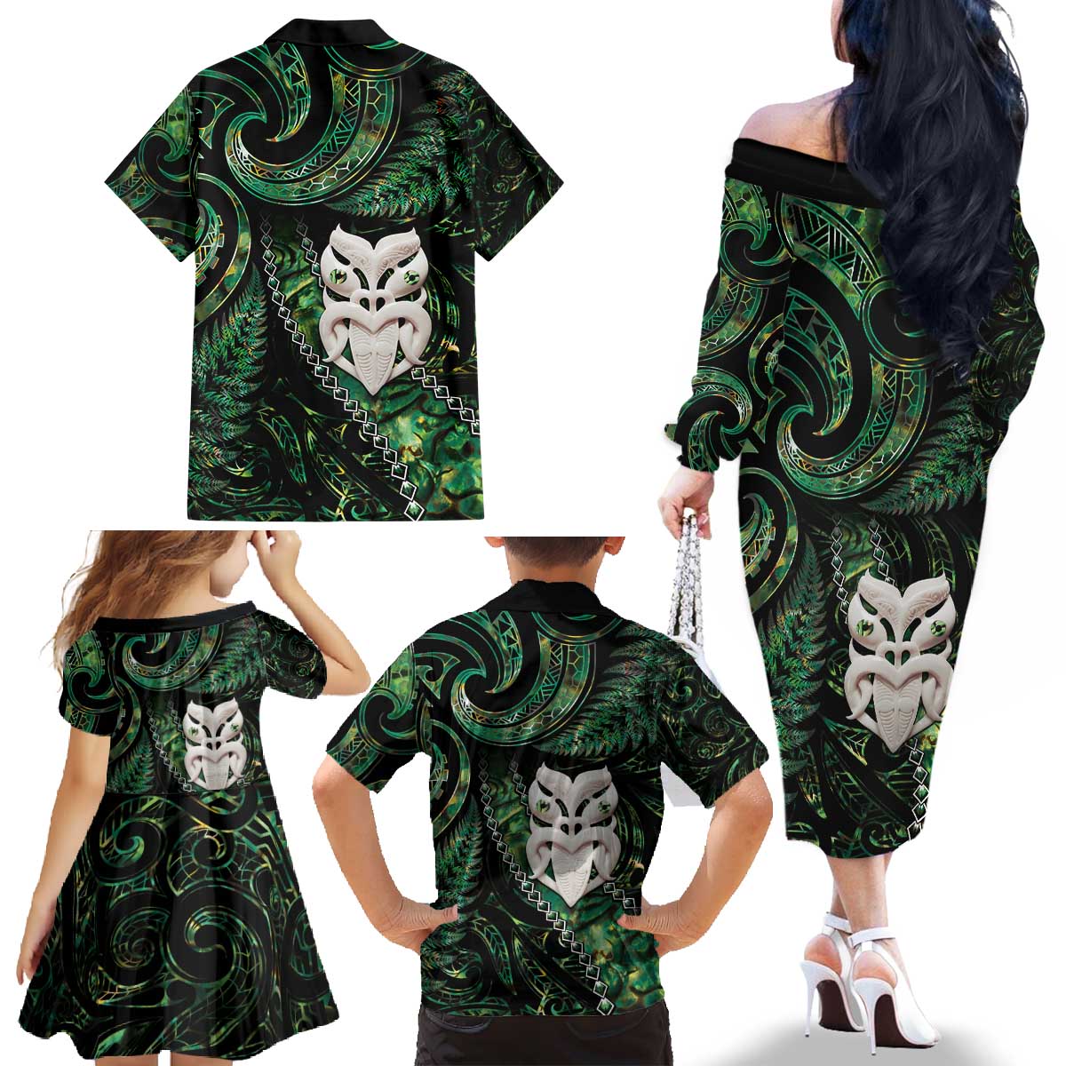 New Zealand Aotearoa Family Matching Off The Shoulder Long Sleeve Dress and Hawaiian Shirt Maori Wheku Paua Shell Glitter Green LT05 - Polynesian Pride