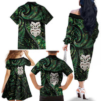 New Zealand Aotearoa Family Matching Off The Shoulder Long Sleeve Dress and Hawaiian Shirt Maori Wheku Paua Shell Glitter Green LT05 - Polynesian Pride