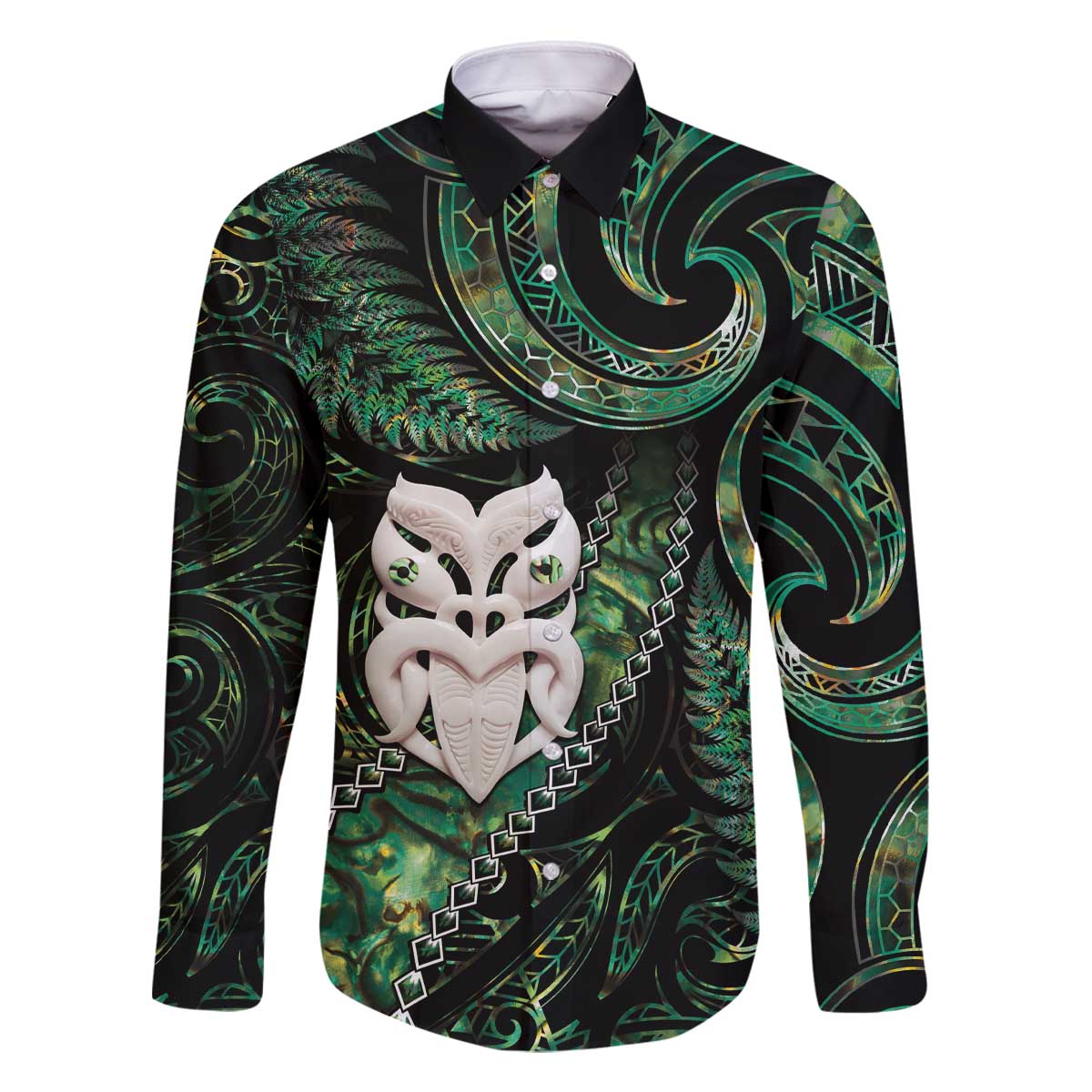 New Zealand Aotearoa Family Matching Off The Shoulder Long Sleeve Dress and Hawaiian Shirt Maori Wheku Paua Shell Glitter Green LT05 Dad's Shirt - Long Sleeve Green - Polynesian Pride