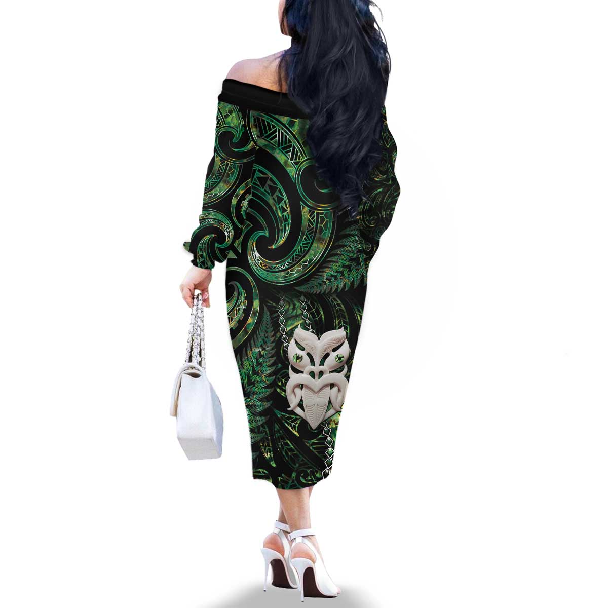 New Zealand Aotearoa Family Matching Off The Shoulder Long Sleeve Dress and Hawaiian Shirt Maori Wheku Paua Shell Glitter Green LT05 - Polynesian Pride
