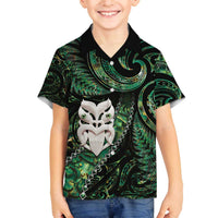New Zealand Aotearoa Family Matching Off The Shoulder Long Sleeve Dress and Hawaiian Shirt Maori Wheku Paua Shell Glitter Green LT05 Son's Shirt Green - Polynesian Pride