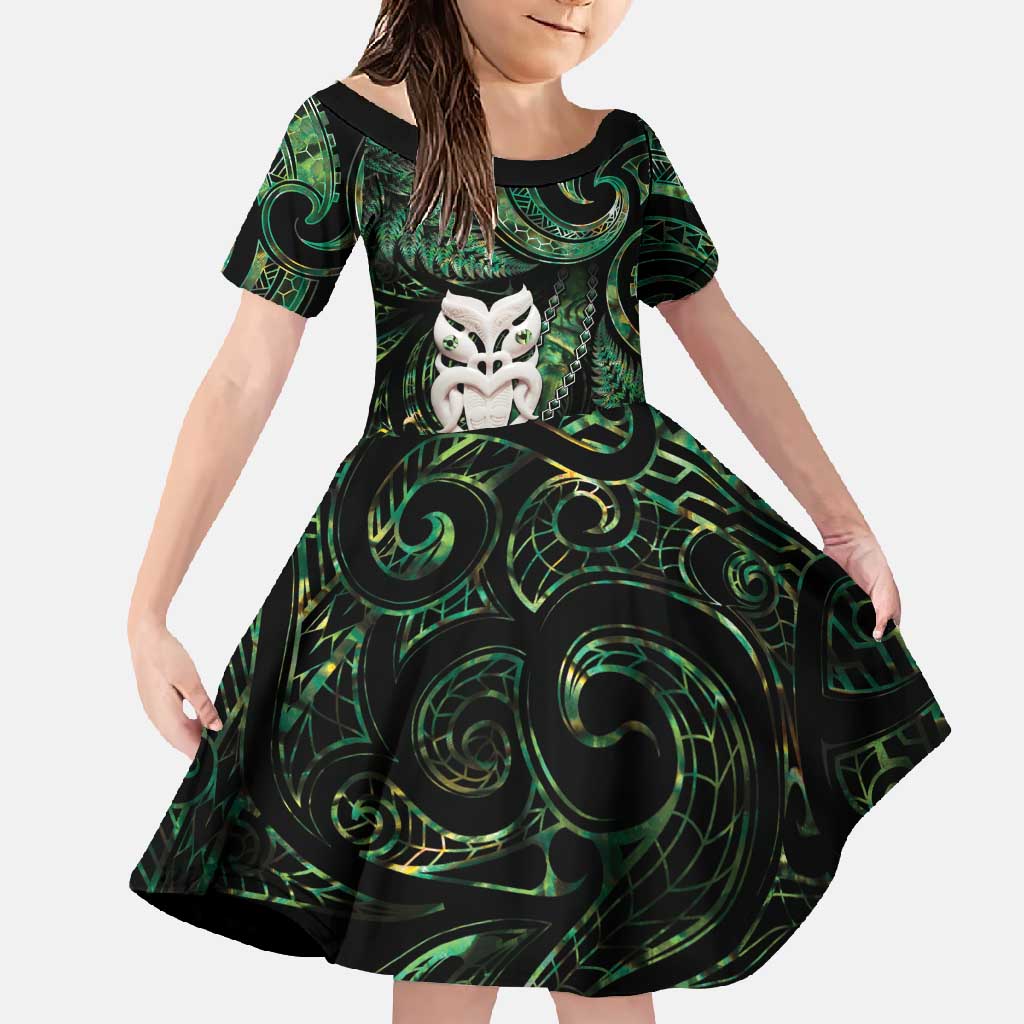 New Zealand Aotearoa Family Matching Off Shoulder Maxi Dress and Hawaiian Shirt Maori Wheku Paua Shell Glitter Green LT05 Daughter's Dress Green - Polynesian Pride