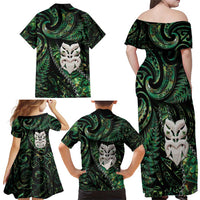 New Zealand Aotearoa Family Matching Off Shoulder Maxi Dress and Hawaiian Shirt Maori Wheku Paua Shell Glitter Green LT05 - Polynesian Pride