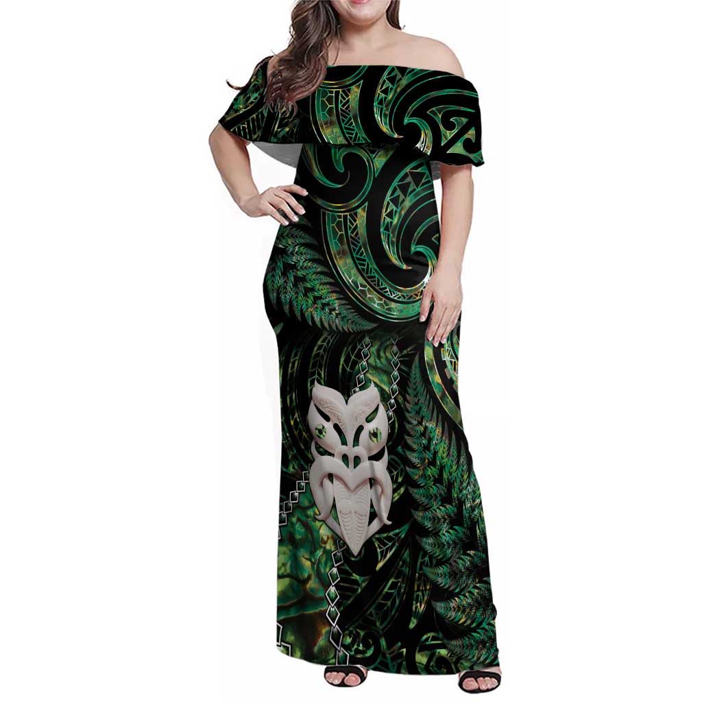 New Zealand Aotearoa Family Matching Off Shoulder Maxi Dress and Hawaiian Shirt Maori Wheku Paua Shell Glitter Green LT05 Mom's Dress Green - Polynesian Pride