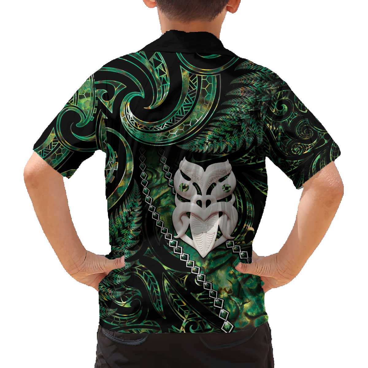 New Zealand Aotearoa Family Matching Off Shoulder Short Dress and Hawaiian Shirt Maori Wheku Paua Shell Glitter Green LT05 - Polynesian Pride