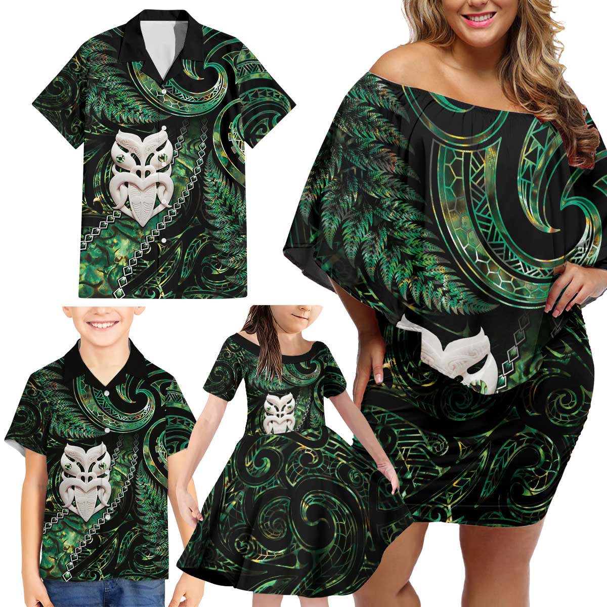 New Zealand Aotearoa Family Matching Off Shoulder Short Dress and Hawaiian Shirt Maori Wheku Paua Shell Glitter Green LT05 - Polynesian Pride