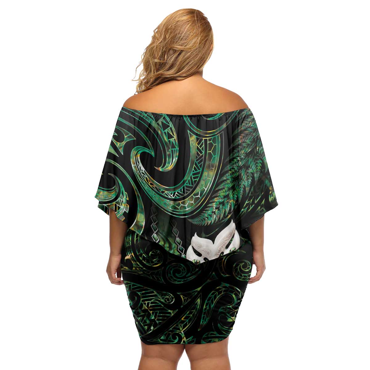 New Zealand Aotearoa Family Matching Off Shoulder Short Dress and Hawaiian Shirt Maori Wheku Paua Shell Glitter Green LT05 - Polynesian Pride