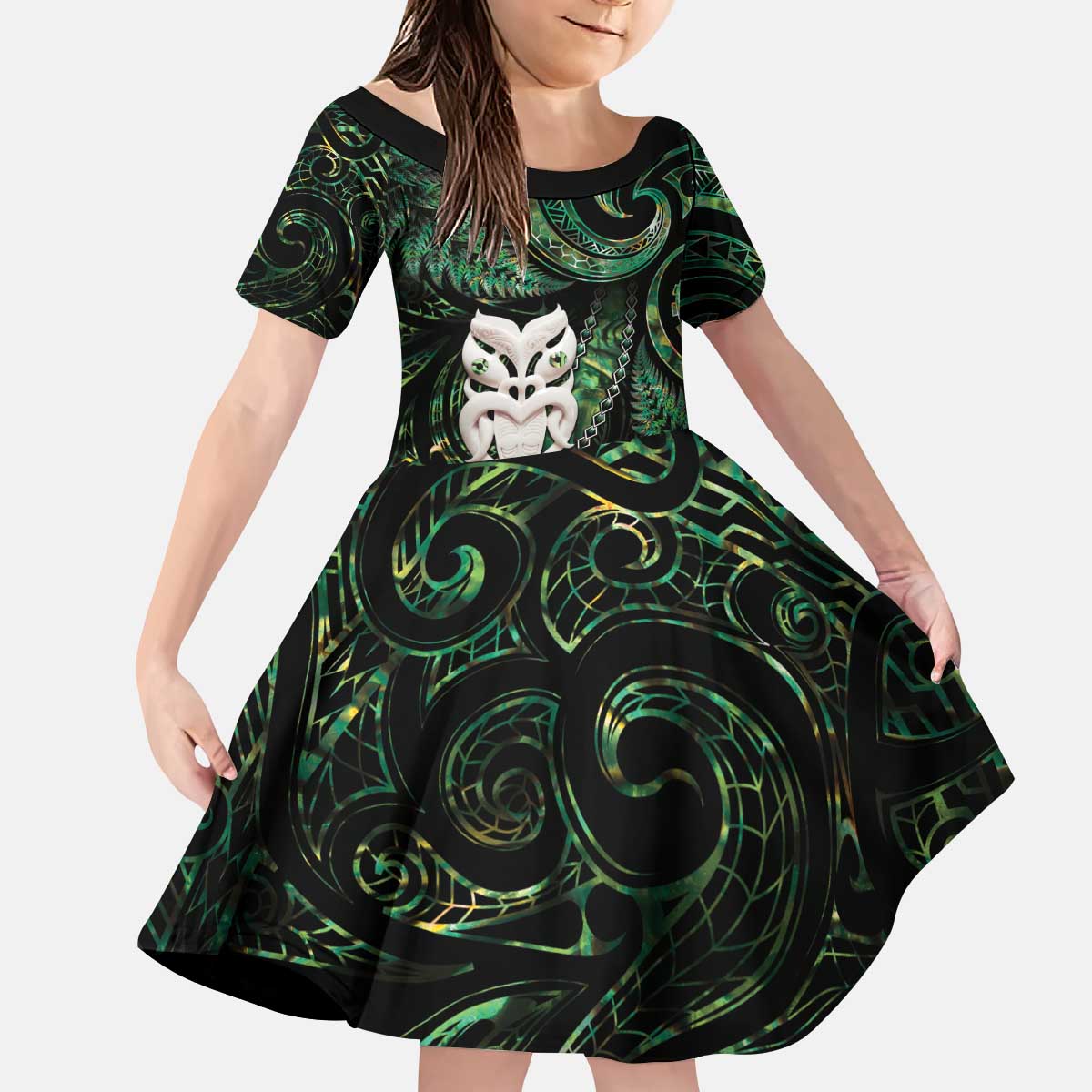 New Zealand Aotearoa Family Matching Puletasi and Hawaiian Shirt Maori Wheku Paua Shell Glitter Green LT05 Daughter's Dress Green - Polynesian Pride