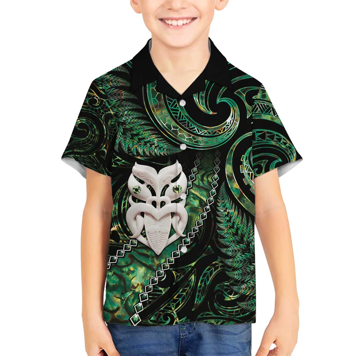 New Zealand Aotearoa Family Matching Puletasi and Hawaiian Shirt Maori Wheku Paua Shell Glitter Green LT05 Son's Shirt Green - Polynesian Pride