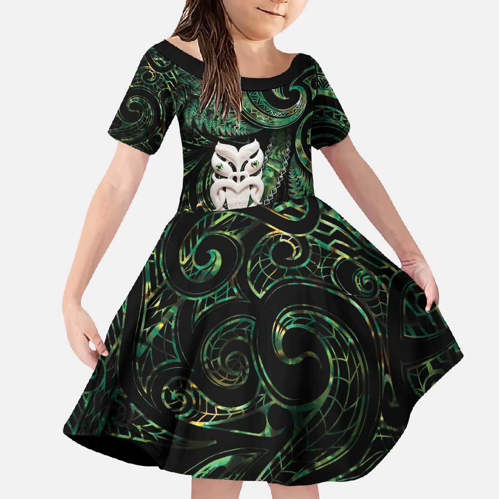 New Zealand Aotearoa Family Matching Short Sleeve Bodycon Dress and Hawaiian Shirt Maori Wheku Paua Shell Glitter Green LT05 Daughter's Dress Green - Polynesian Pride