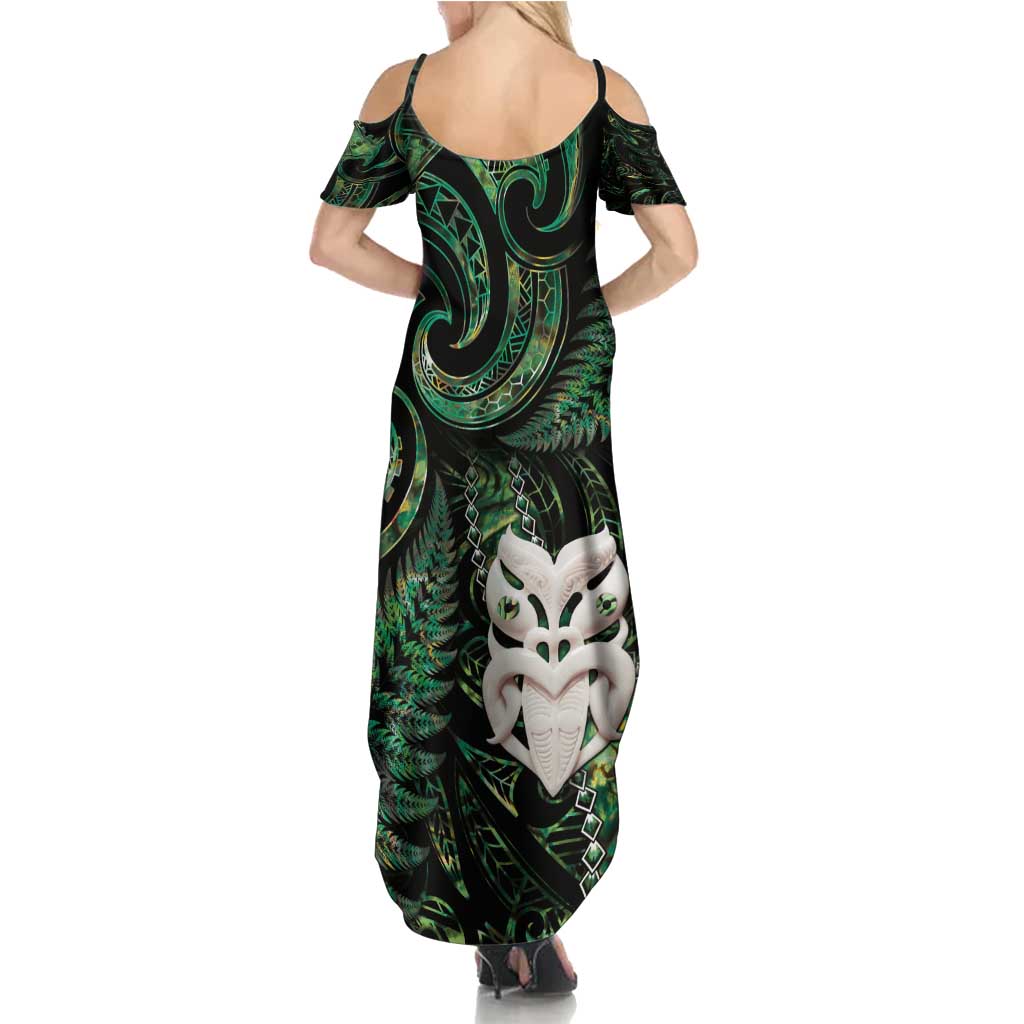 New Zealand Aotearoa Family Matching Summer Maxi Dress and Hawaiian Shirt Maori Wheku Paua Shell Glitter Green LT05 - Polynesian Pride
