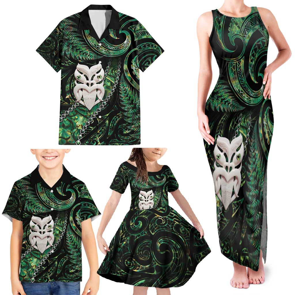 New Zealand Aotearoa Family Matching Tank Maxi Dress and Hawaiian Shirt Maori Wheku Paua Shell Glitter Green LT05 - Polynesian Pride