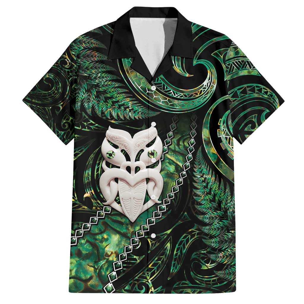 New Zealand Aotearoa Family Matching Tank Maxi Dress and Hawaiian Shirt Maori Wheku Paua Shell Glitter Green LT05 Dad's Shirt - Short Sleeve Green - Polynesian Pride