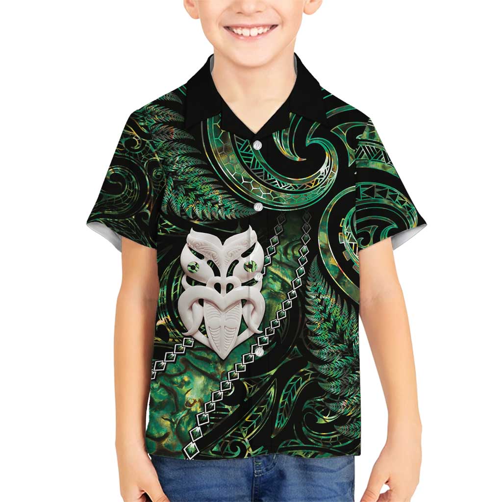 New Zealand Aotearoa Family Matching Tank Maxi Dress and Hawaiian Shirt Maori Wheku Paua Shell Glitter Green LT05 Son's Shirt Green - Polynesian Pride