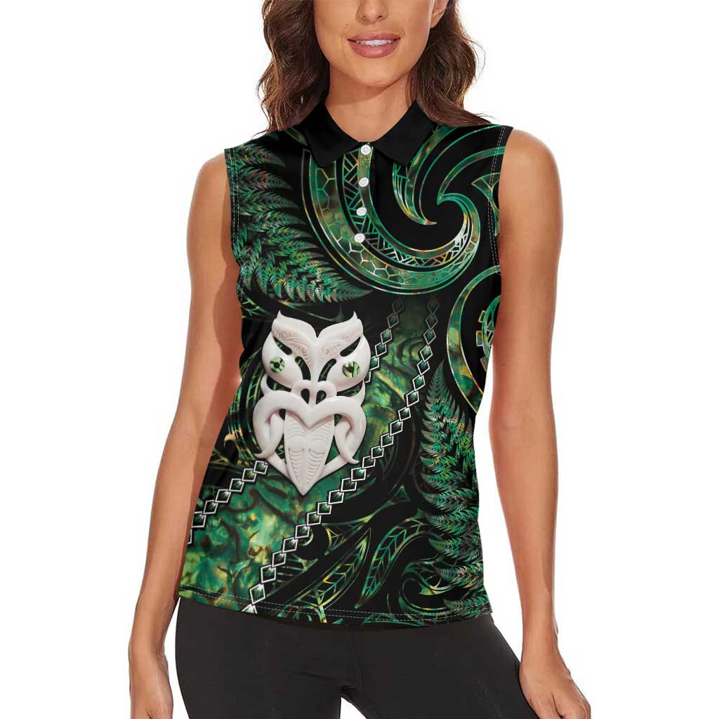 New Zealand Aotearoa Women Sleeveless Polo Shirt Maori Wheku Paua Shell Glitter Green