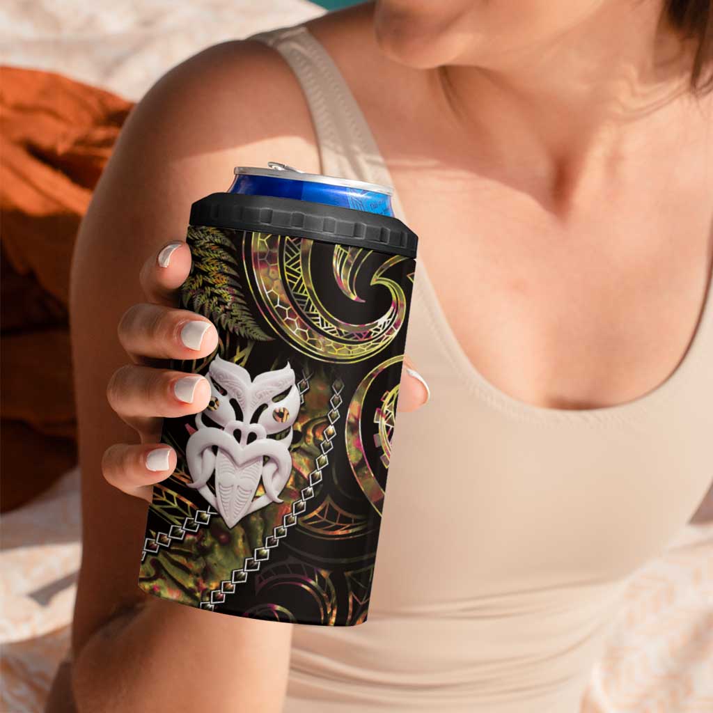 New Zealand Aotearoa 4 in 1 Can Cooler Tumbler Maori Wheku Paua Shell Glitter Gold