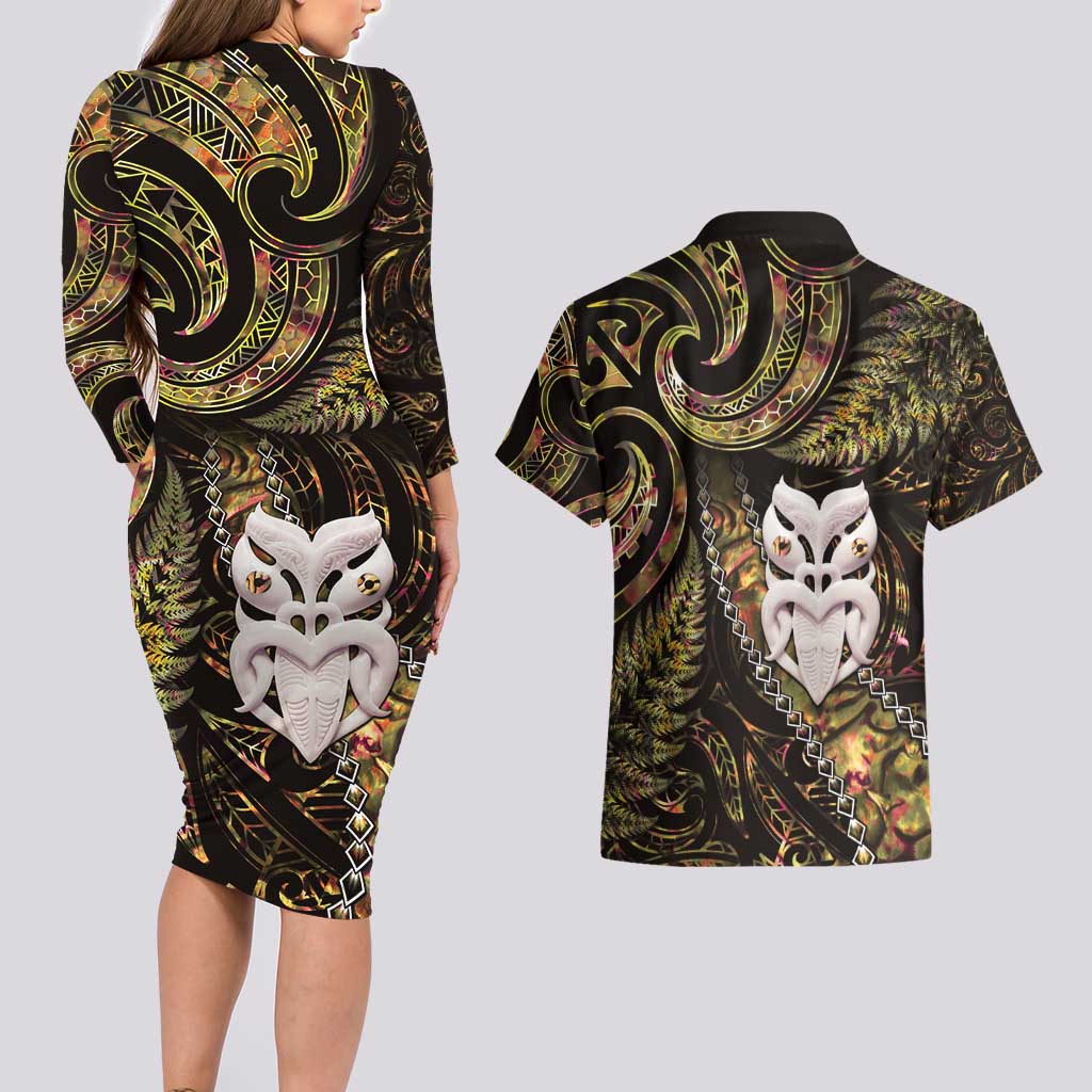 New Zealand Aotearoa Couples Matching Long Sleeve Bodycon Dress and Hawaiian Shirt Maori Wheku Paua Shell Glitter Gold LT05 - Polynesian Pride