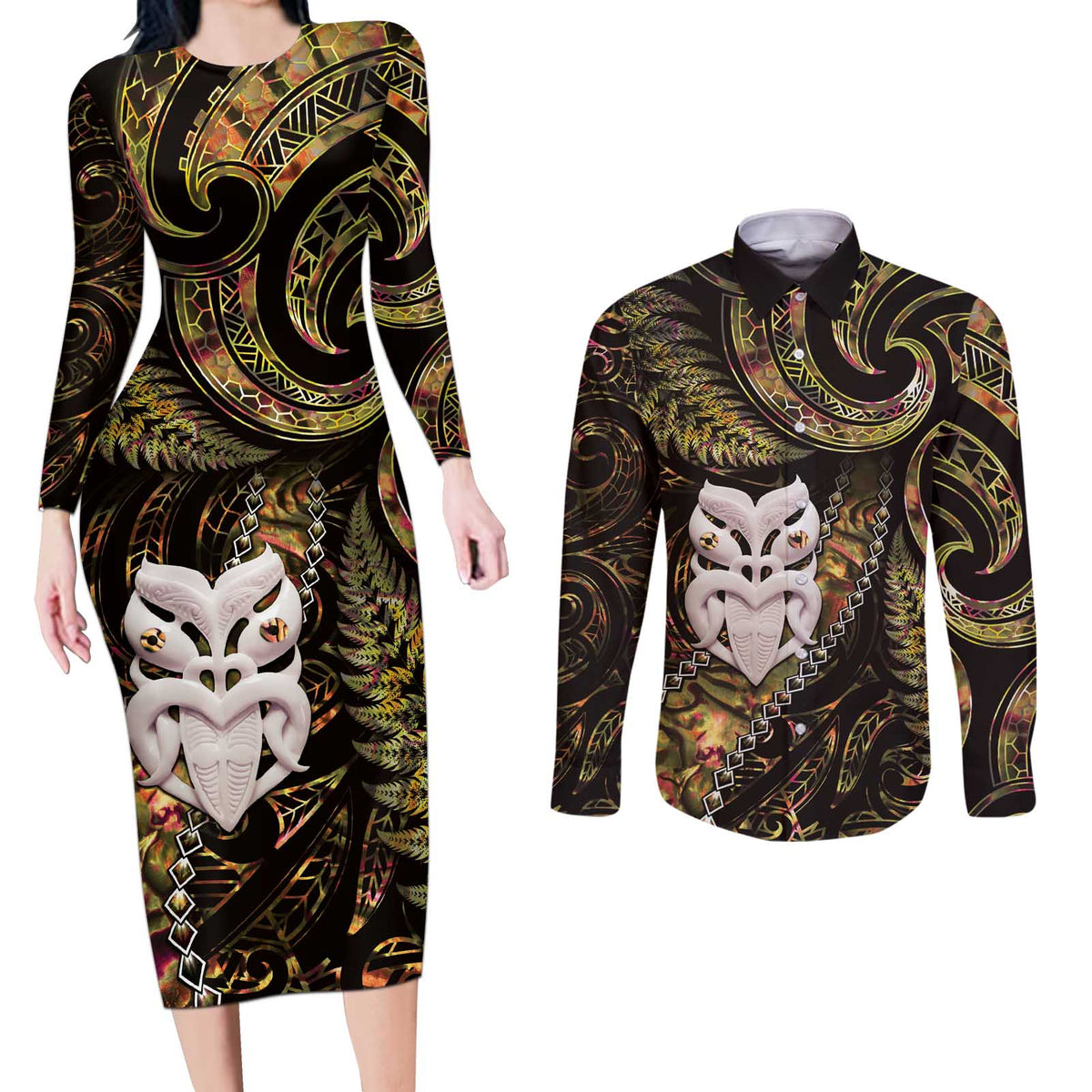 New Zealand Aotearoa Couples Matching Long Sleeve Bodycon Dress and Long Sleeve Button Shirt Maori Wheku Paua Shell Glitter Gold LT05 Gold - Polynesian Pride