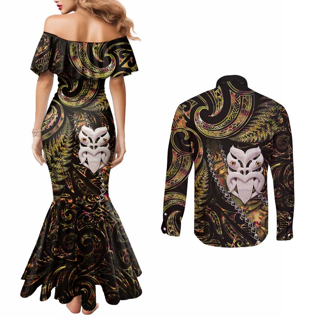 New Zealand Aotearoa Couples Matching Mermaid Dress and Long Sleeve Button Shirt Maori Wheku Paua Shell Glitter Gold LT05 - Polynesian Pride