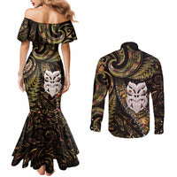 New Zealand Aotearoa Couples Matching Mermaid Dress and Long Sleeve Button Shirt Maori Wheku Paua Shell Glitter Gold LT05 - Polynesian Pride