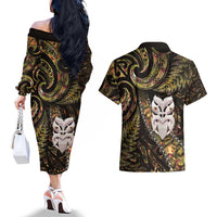 New Zealand Aotearoa Couples Matching Off The Shoulder Long Sleeve Dress and Hawaiian Shirt Maori Wheku Paua Shell Glitter Gold LT05 - Polynesian Pride