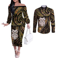 New Zealand Aotearoa Couples Matching Off The Shoulder Long Sleeve Dress and Long Sleeve Button Shirt Maori Wheku Paua Shell Glitter Gold LT05 Gold - Polynesian Pride