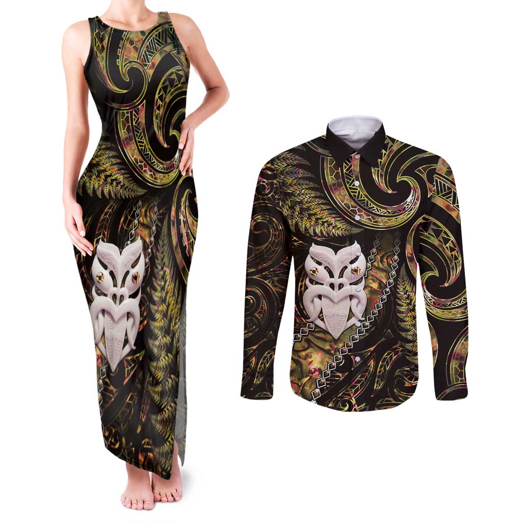 New Zealand Aotearoa Couples Matching Tank Maxi Dress and Long Sleeve Button Shirt Maori Wheku Paua Shell Glitter Gold LT05 Gold - Polynesian Pride