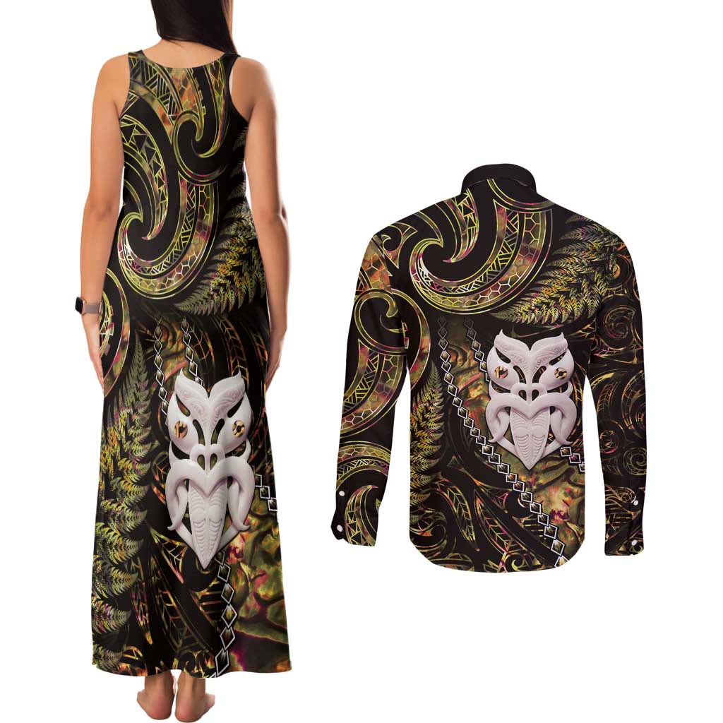New Zealand Aotearoa Couples Matching Tank Maxi Dress and Long Sleeve Button Shirt Maori Wheku Paua Shell Glitter Gold LT05 - Polynesian Pride