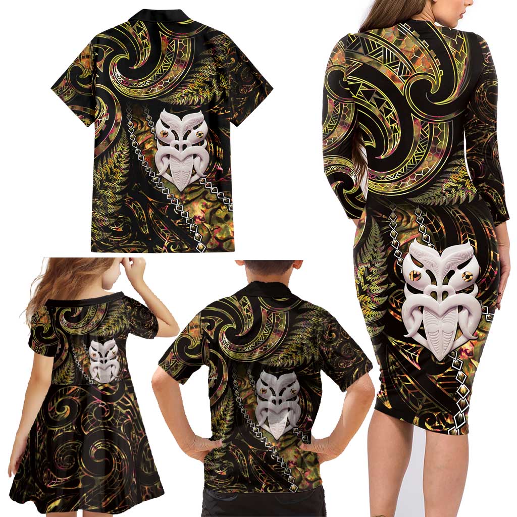 New Zealand Aotearoa Family Matching Long Sleeve Bodycon Dress and Hawaiian Shirt Maori Wheku Paua Shell Glitter Gold LT05 - Polynesian Pride