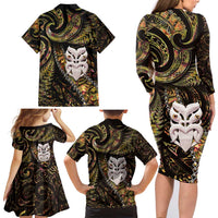 New Zealand Aotearoa Family Matching Long Sleeve Bodycon Dress and Hawaiian Shirt Maori Wheku Paua Shell Glitter Gold LT05 - Polynesian Pride