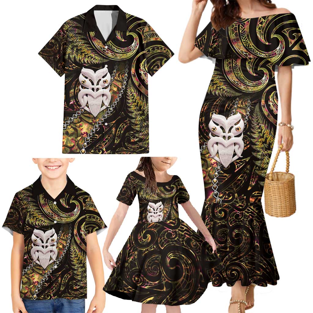 New Zealand Aotearoa Family Matching Mermaid Dress and Hawaiian Shirt Maori Wheku Paua Shell Glitter Gold LT05 - Polynesian Pride