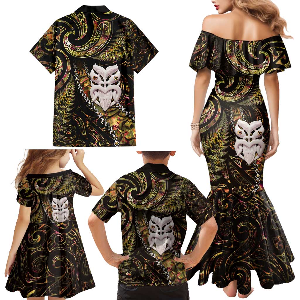 New Zealand Aotearoa Family Matching Mermaid Dress and Hawaiian Shirt Maori Wheku Paua Shell Glitter Gold LT05 - Polynesian Pride