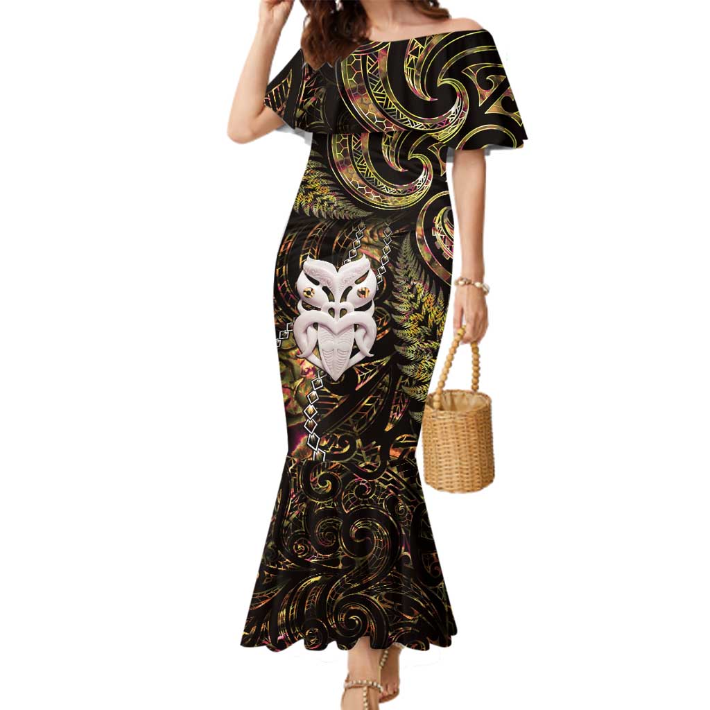 New Zealand Aotearoa Family Matching Mermaid Dress and Hawaiian Shirt Maori Wheku Paua Shell Glitter Gold LT05 Mom's Dress Gold - Polynesian Pride