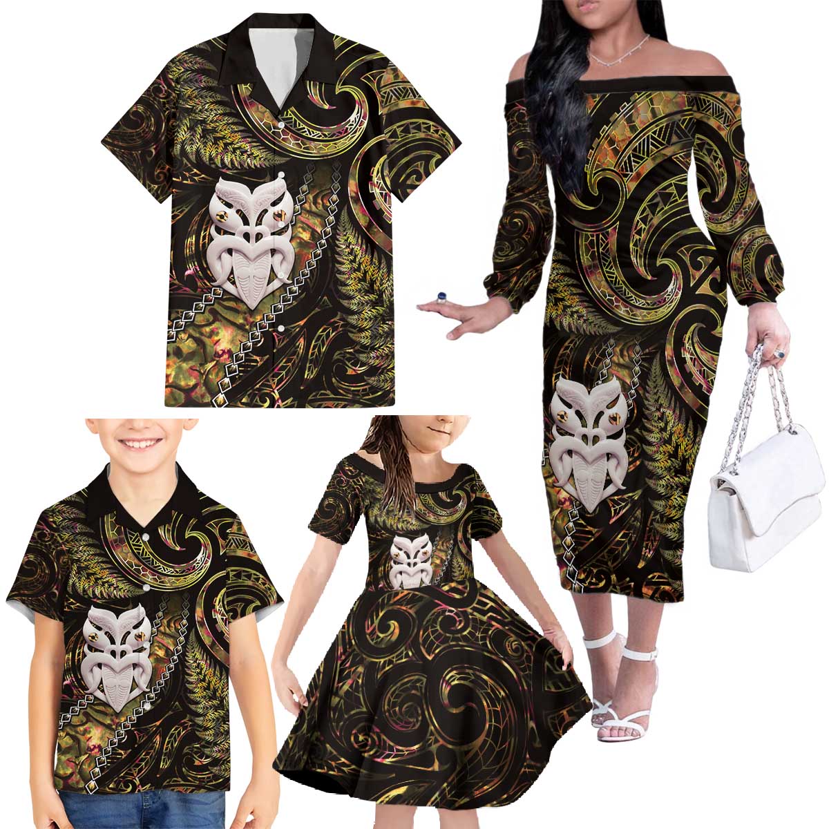 New Zealand Aotearoa Family Matching Off The Shoulder Long Sleeve Dress and Hawaiian Shirt Maori Wheku Paua Shell Glitter Gold LT05 - Polynesian Pride