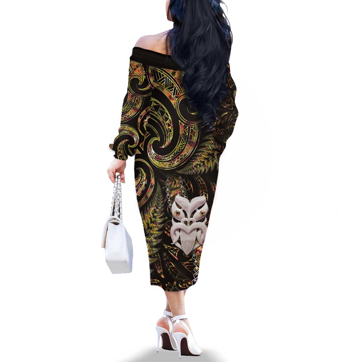 New Zealand Aotearoa Family Matching Off The Shoulder Long Sleeve Dress and Hawaiian Shirt Maori Wheku Paua Shell Glitter Gold LT05 - Polynesian Pride