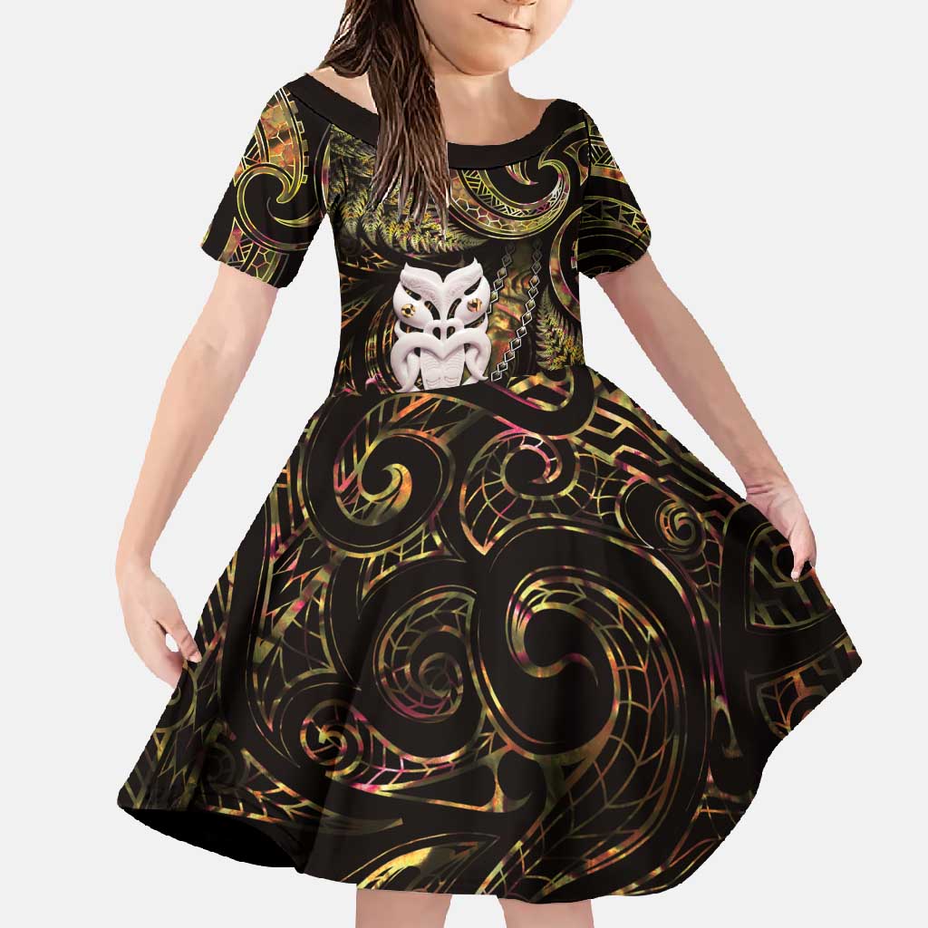 New Zealand Aotearoa Family Matching Off Shoulder Maxi Dress and Hawaiian Shirt Maori Wheku Paua Shell Glitter Gold LT05 Daughter's Dress Gold - Polynesian Pride