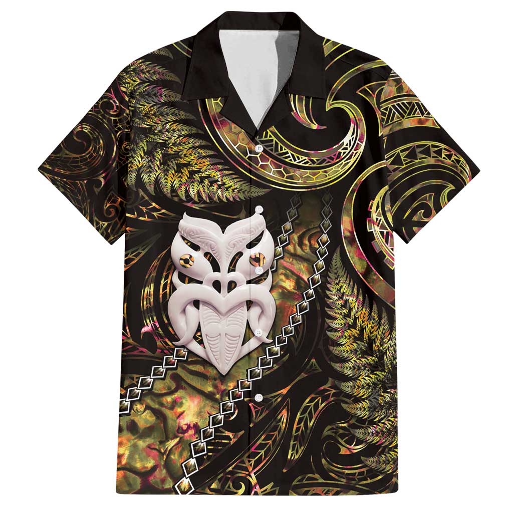 New Zealand Aotearoa Family Matching Off Shoulder Maxi Dress and Hawaiian Shirt Maori Wheku Paua Shell Glitter Gold LT05 Dad's Shirt - Short Sleeve Gold - Polynesian Pride