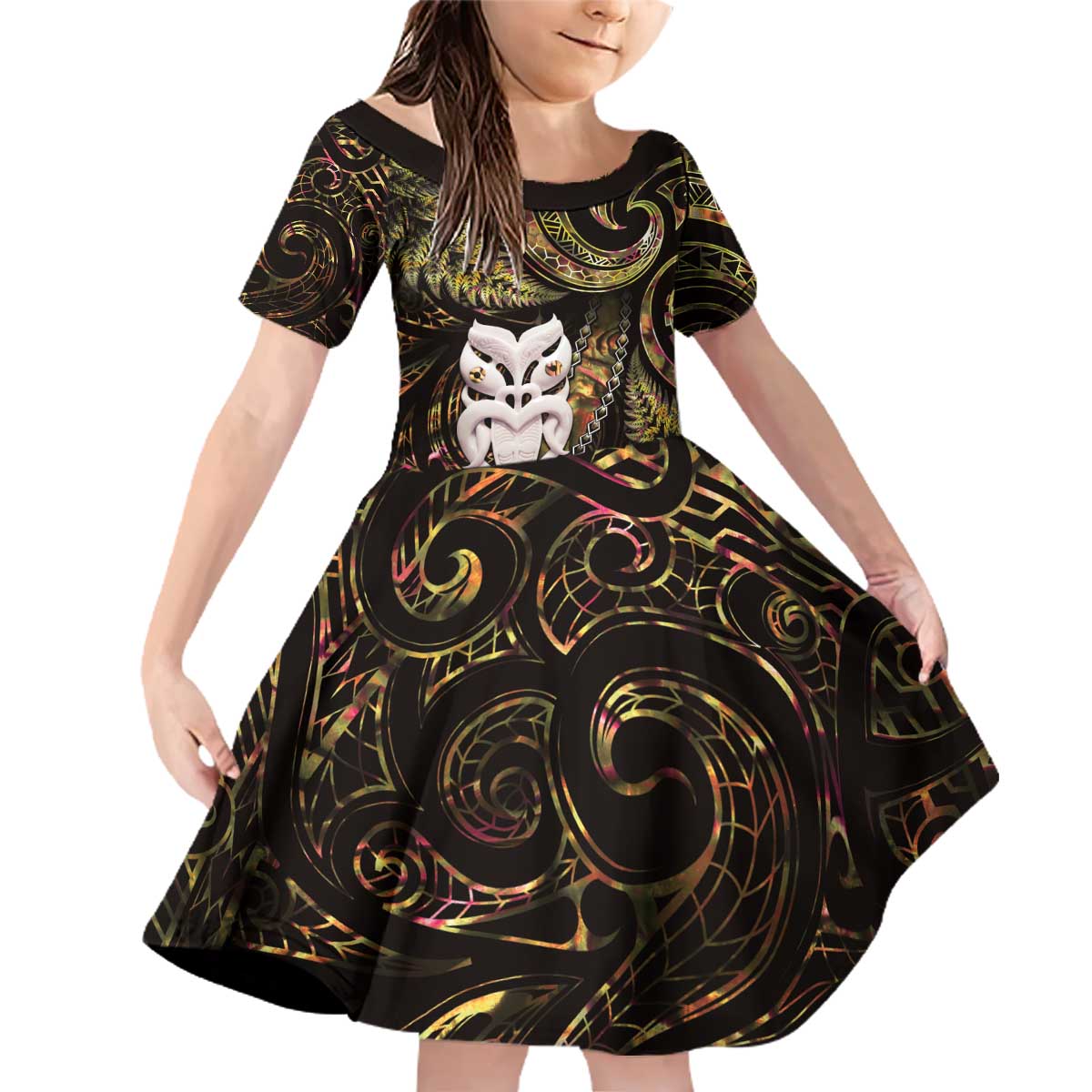 New Zealand Aotearoa Family Matching Off Shoulder Short Dress and Hawaiian Shirt Maori Wheku Paua Shell Glitter Gold LT05 Daughter's Dress Gold - Polynesian Pride