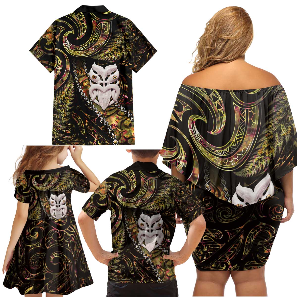 New Zealand Aotearoa Family Matching Off Shoulder Short Dress and Hawaiian Shirt Maori Wheku Paua Shell Glitter Gold LT05 - Polynesian Pride