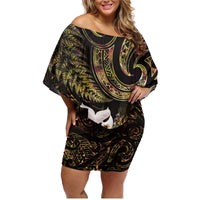 New Zealand Aotearoa Family Matching Off Shoulder Short Dress and Hawaiian Shirt Maori Wheku Paua Shell Glitter Gold LT05 Mom's Dress Gold - Polynesian Pride
