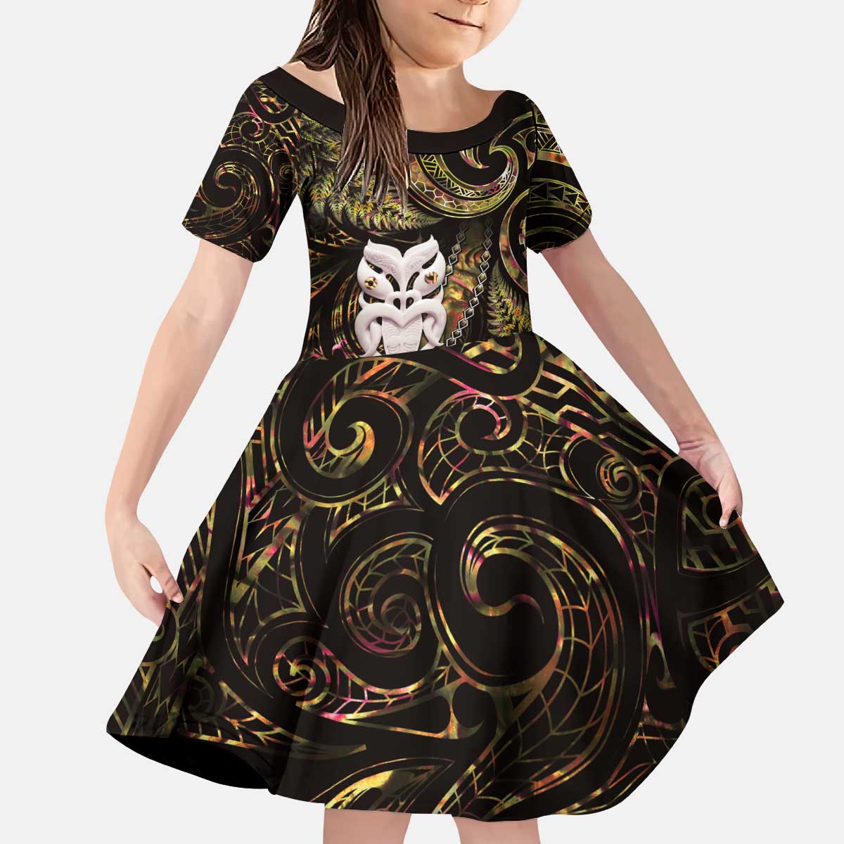 New Zealand Aotearoa Family Matching Puletasi and Hawaiian Shirt Maori Wheku Paua Shell Glitter Gold LT05 Daughter's Dress Gold - Polynesian Pride