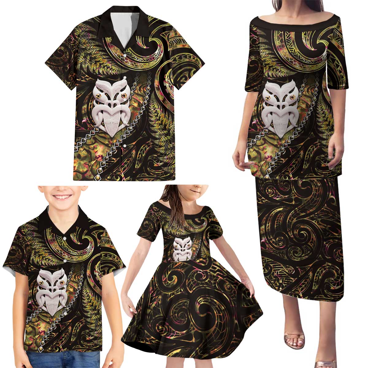 New Zealand Aotearoa Family Matching Puletasi and Hawaiian Shirt Maori Wheku Paua Shell Glitter Gold LT05 - Polynesian Pride