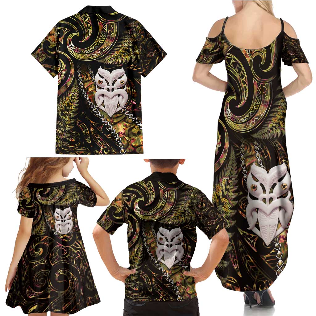 New Zealand Aotearoa Family Matching Summer Maxi Dress and Hawaiian Shirt Maori Wheku Paua Shell Glitter Gold LT05 - Polynesian Pride