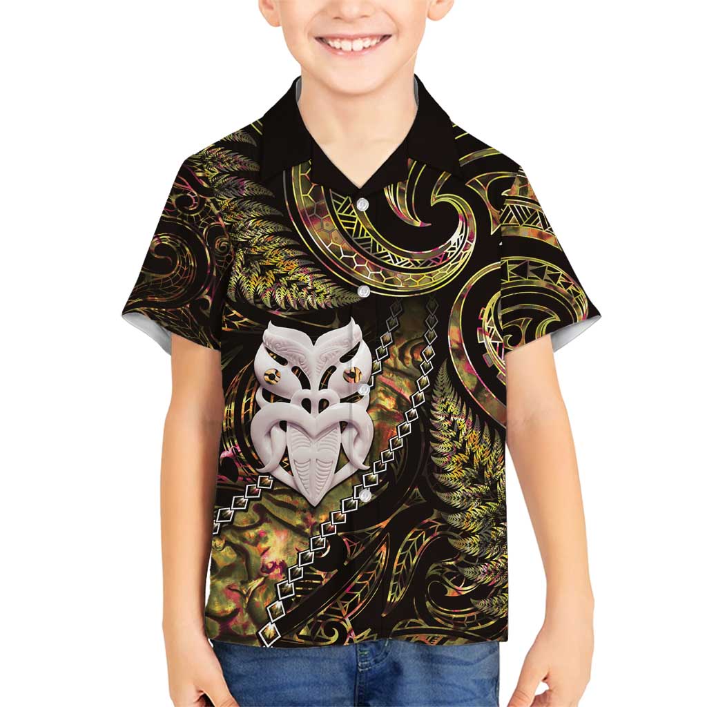 New Zealand Aotearoa Family Matching Summer Maxi Dress and Hawaiian Shirt Maori Wheku Paua Shell Glitter Gold LT05 Son's Shirt Gold - Polynesian Pride